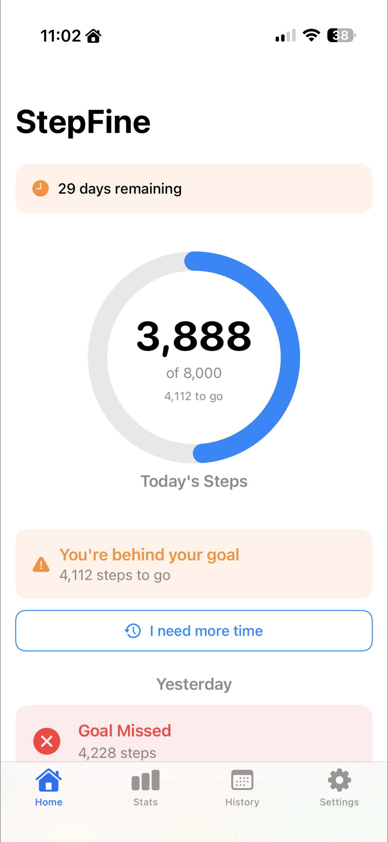 StepFine app screenshot showing daily step goal tracking